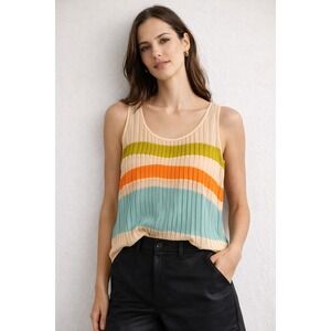 Pleated Striped Chiffon Sleeveless Top Peach Multi Sz M